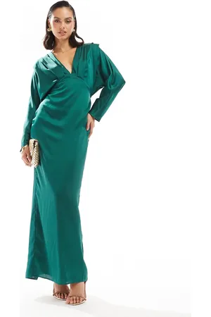 TFNC Vestido largo con parte superior estilo kimono de satén de