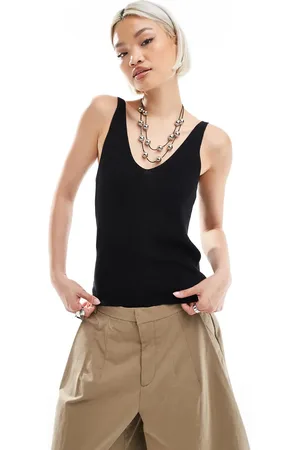 VERO MODA Top de tirantes con cuello de pico de punto de canalé de