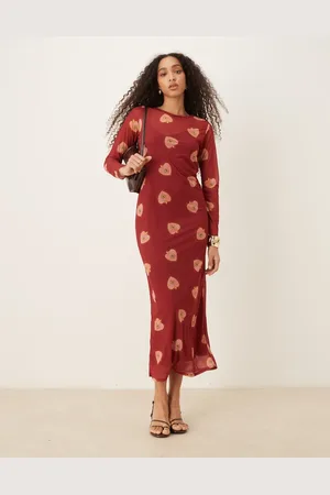 Never Fully Dressed Vestido largo burdeos de manga larga con estampado de corazones de malla de -Rojo