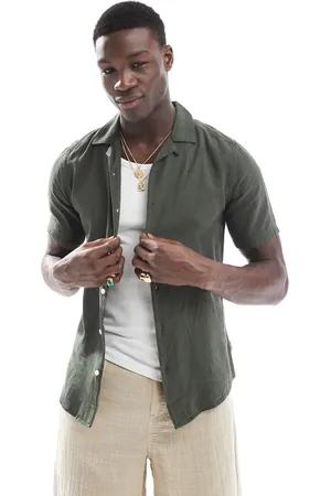 Only & Sons Camisa verde oscuro con cuello de solapas de mezcla de lino de -Neutro