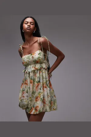 MANGO Vestido corto de estilo babydoll con estampado floral de chifón de -Amarillo