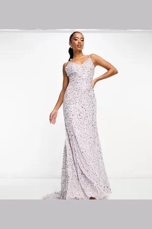 Beauut Vestido lencero de dama de honor largo color apagado de tirantes con diseño integral adornado y detalle de cola de Petite-Morado
