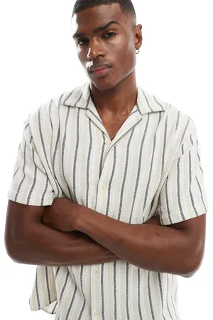 JACK & JONES Camisa a rayas verdes y azules con cuello de solapas de tejido efecto lino de -Multicolor