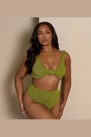 Moda Minx Braguitas de bikini caquis de talle alto de tejido rugoso de Curve x Bernadette Afia