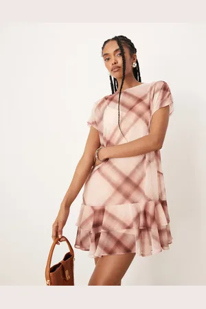 ASOS Vestido corto rosa a cuadros de corte amplio sin mangas con volante de