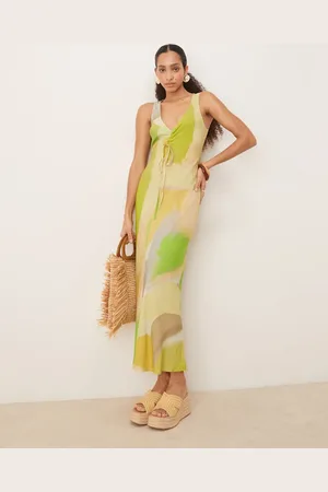 ASOS Vestido midi verde difuminado con cuello de pico y lazada fruncida de -Multicolor
