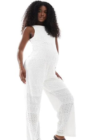 Mama;licious Mono largo blanco de pernera ancha con bordado inglés de punto liso de Mamalicious Maternity