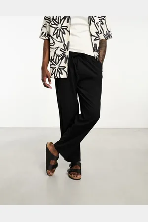 JACK & JONES Pantalones negros de corte ancho con cordón ajustable de mezcla de lino de Intelligence
