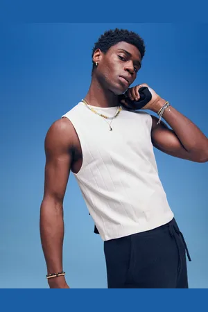 ASOS Camiseta corta color crema sin mangas de canalé ancho de -Blanco