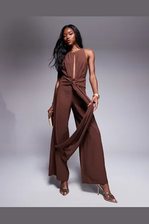 ASOS Mono largo marrón con cuello subido y detalle anudado de