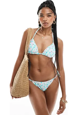 New Look Top de bikini azul y rosa triangular con estampado de florecitas de -Blanco
