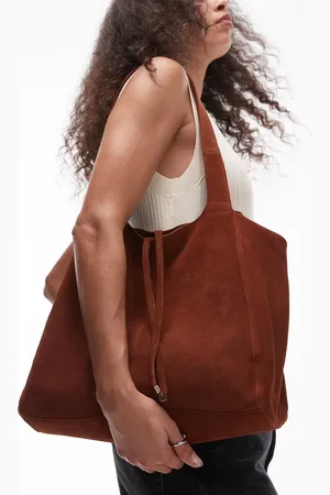 MANGO Bolso tote naranja tostado con cremallera y detalle de lazada de ante de