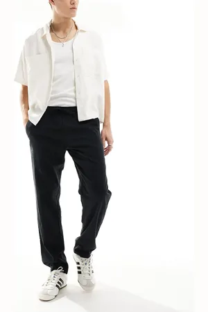 JJ Pantalones negros con cordón ajustable de mezcla de lino de