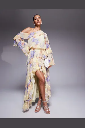 ASOS Vestido largo crema de chifón con estampado floral, mangas extragrandes y diseño adornado de perlas de -Multicolor