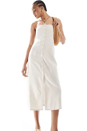 ONLY Vestido midi color con escote palabra de honor de mezcla de lino de -Neutro