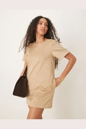 Abercrombie & Fitch Vestido corto claro estilo camiseta de manga corta con cuello redondo de ante de