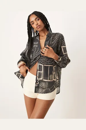 Never Fully Dressed Camisa negra extragrande con estampado de palmera de (parte de un conjunto)