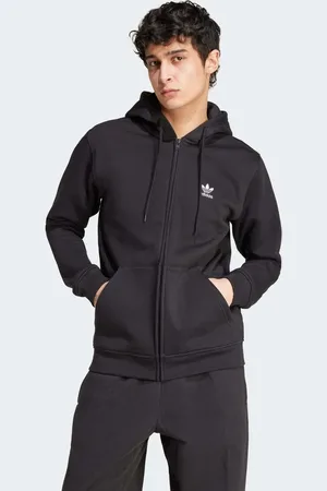 adidas Sudadera negra básica con capucha y cremallera Trefoil Essentials de