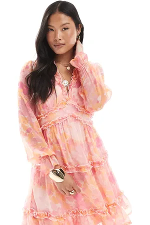 VERO MODA Vestido corto rosa amplio con volantes y estampado floral difuminado Smilla de