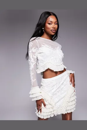 ASOS Top color de manga larga con bordados y detalle de volantes de (parte de un conjunto)-Blanco