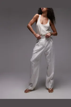 ARKET Pantalones de sastre blancos de pernera recta con raya marcada de lino de