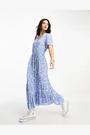 ONLY Vestido largo azul con estampado floral, cuello de pico y mangas abullonadas de