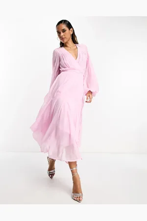 ASOS Vestido midi cruzado con mangas globo y lazada en la cintura de