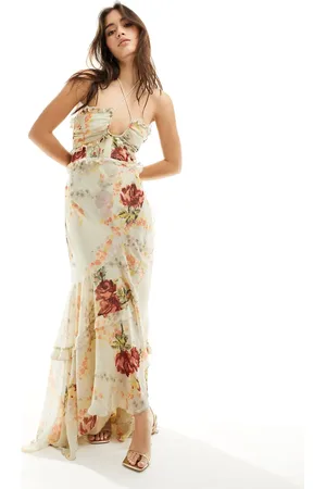 ASOS Vestido largo color crema con bajo asimétrico, estampado floral, cuello halter y volantes de -Multicolor