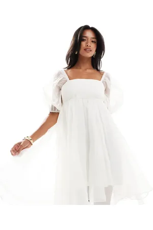 Lace & Beads Vestido corto color de estilo babydoll con cuello cuadrado de organza de -Blanco
