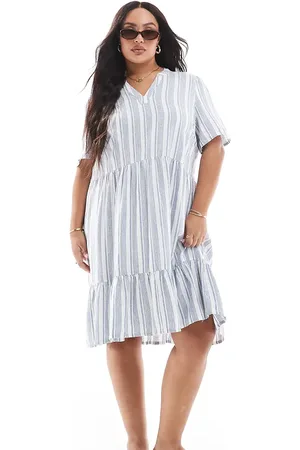 ONLY Vestido corto a rayas con cuello de pico de mezcla de lino de