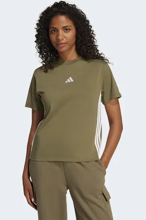 adidas Camiseta verde oliva y blanca básica con 3 rayas de algodón de