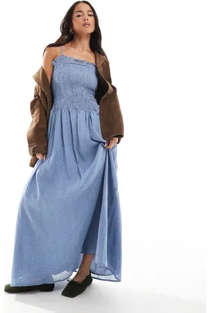 Daisy Street Vestido largo a cuadros vichy azules con cuerpo fruncido y cintura baja de