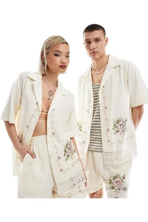 Reclaimed Camisa unisex con diseño bordado e insertos de encaje de edición limitada de -Blanco