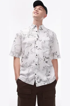 Topman Camisa blanca holgada de manga corta con diseño estampado de mezcla de lino de