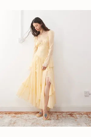 Reclaimed Vestido largo amarillo pastel de manga larga con volantes de -Blanco