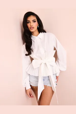 ASOS Camisa blanca con detalle de sobrefalda plisada en la cintura de popelina de algodón de -Azul