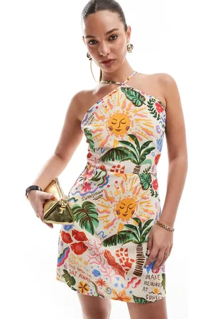 VERO MODA Vestido corto con estampado tropical y cuello halter de -Multicolor