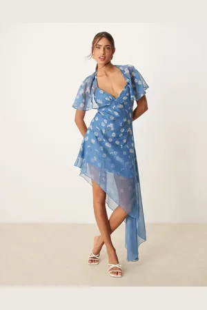 ASOS Vestido de tarde corto azul asimétrico con mangas fluidas estilo capa y estampado de margaritas degradado de -Multicolor