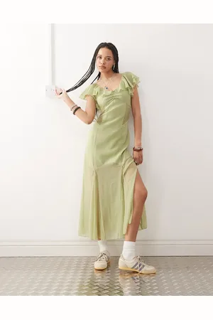 Reclaimed Vestido de tarde midi verde pastel con mangas fluidas y paneles de encaje de