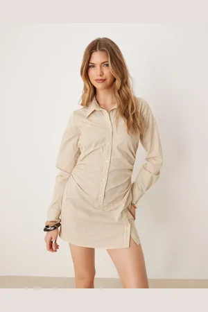 ASOS Vestido camisero corto a con cintura fruncida y mangas acampanadas de algodón de -Multicolor