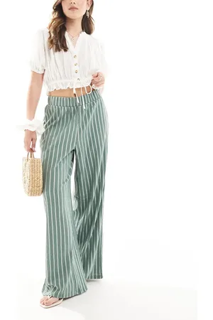 ONLY Pantalones verdes a rayas de pernera ancha con acabado texturizado de