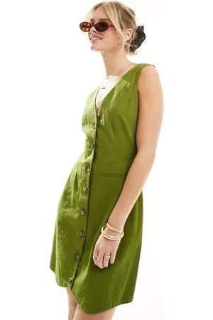 ASOS Vestido corto estilo chaleco con botones de lino de -Verde
