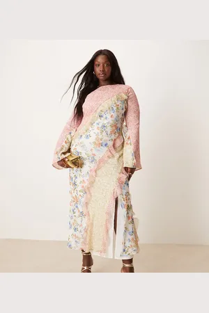 ASOS Vestido largo con , diseño dividido, volantes y detalle de costuras de ASOS DESIGN Curve-Multicolor