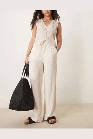 SELECTED Pantalones color crema de lino de Femme-Blanco