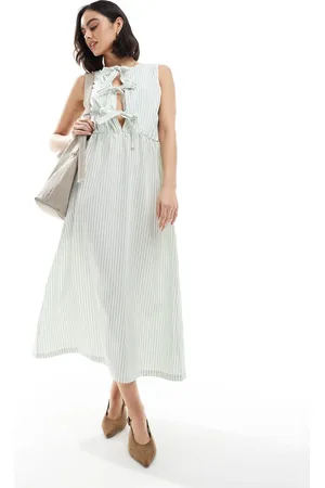 Daisy Street Vestido midi verde a rayas cómodo de corte cuadrado de