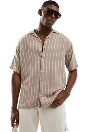 JACK & JONES Camisa beis a rayas de manga corta con cuello de solapas de tejido texturizado de -Neutro