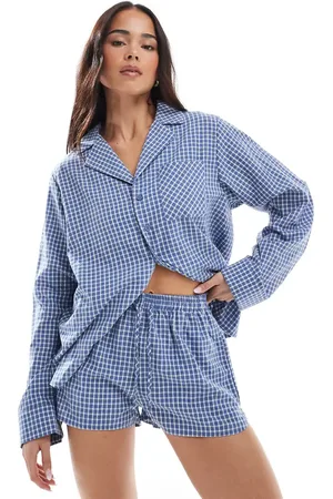 Daisy Street Pantalones cortos de pijama azules a cuadros de estilo bóxer de