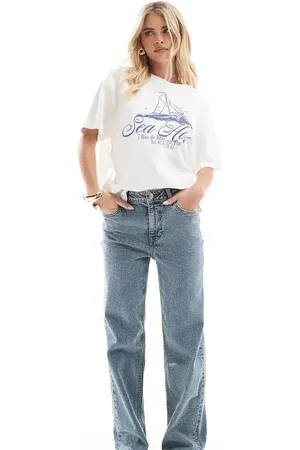 Miss Selfridge Vaqueros de pernera recta con bolsillo en forma de corazón y lavado deslucido de -Azul