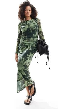 VERO MODA Vestido largo de manga larga con estampado floral difuminado de malla de
