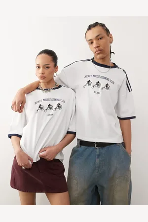 ASOS Camiseta blanca unisex de corte cuadrado extragrande con hombros caídos, detalle de ribetes y bordado de Mickey Mouse de Disney de